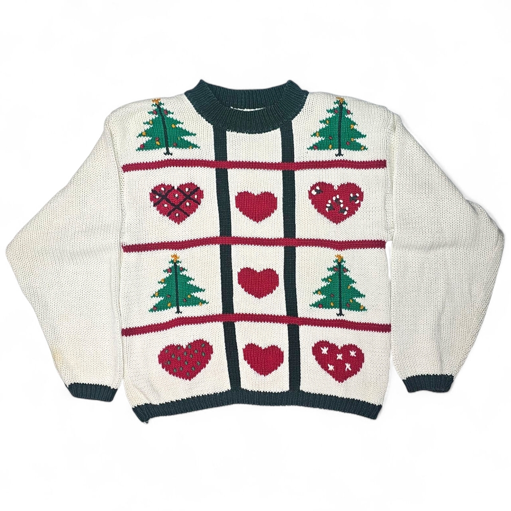 Vintage Retro Ugly Christmas Sweater M Cottagecore Holiday Hearts Cotton Cream